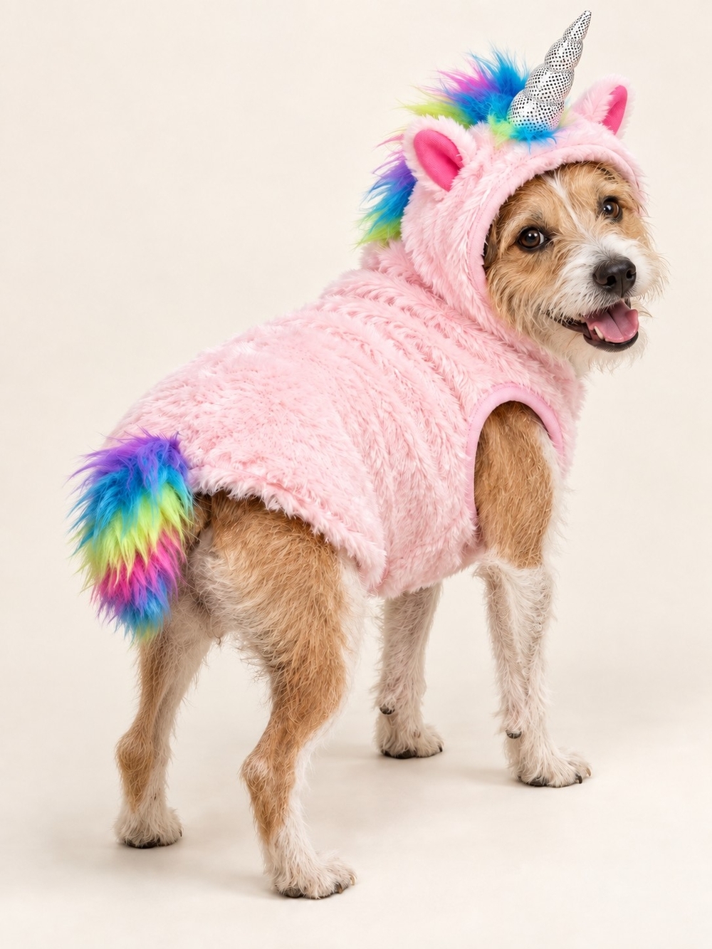Pink Unicorn Dog Costume Hoodie with Rainbow Tail and Hood